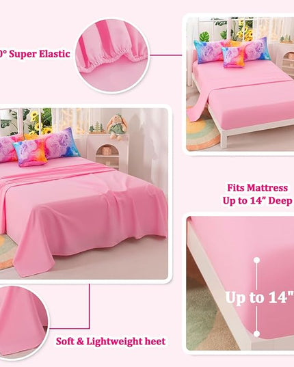 Girls Twin Bedding Sets, 6 Pcs Pink Twin Szie Comforter Set with Sheets, Watercolor Marble Abstract Art Superior Bedding Set for Girls Kids - LeafyLoom