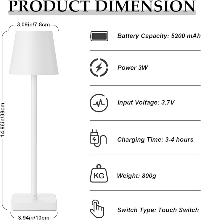 2 Pack Rechargeable Table Lamp, LED Cordless Desk Lamp, 5200mAh Battery Operated Table Light, 3 Color Stepless Dimming Up Waterproof for Coffee Table/Indoor/Outdoor (White 2Pack) - LeafyLoom