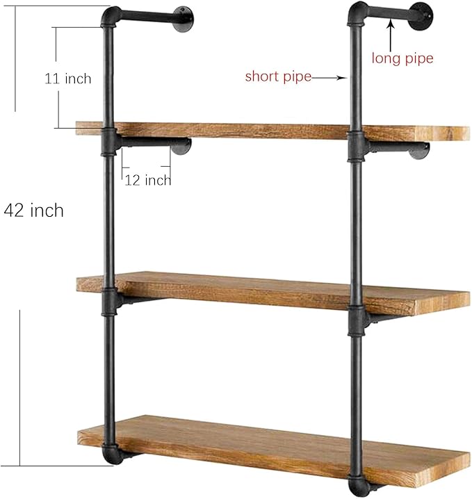 Yuanshikj 2Pc (42" Tall,12" deep) Industrial Wall Mount Iron Pipe Shelf Shelves Shelving Bracket Black Bookshelf DIY Storage offcie Room Kitchen (2 Pcs 4Tier Hardware Only) - LeafyLoom
