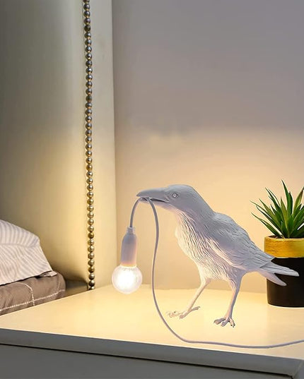 Raven Desk Lamp, Raven Lamp, Bird Lamp, Resin LED Bird Lamp for Bedroom/Office/Living Room/Farmhouse Art Deco with Plug (White) - LeafyLoom