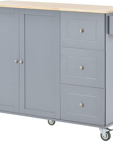 53" W Mobile Kitchen Island with Drop Leaf, Locking Wheels and Solid Wood Tabletop, Kitchen-cart w/Storage Cabinet &3 Drawers, for Dining Room, Coffee Bar Service - LeafyLoom