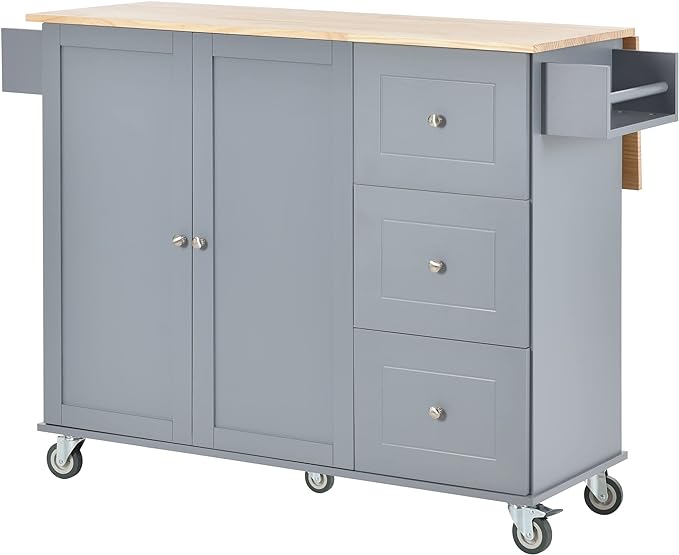 53" W Mobile Kitchen Island with Drop Leaf, Locking Wheels and Solid Wood Tabletop, Kitchen-cart w/Storage Cabinet &3 Drawers, for Dining Room, Coffee Bar Service - LeafyLoom