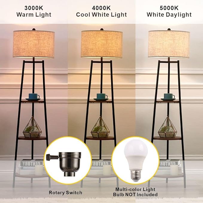 Floor Lamp, Standing Reading Light with Shelves and Fabric Shade, Modern Tall Pole Lamp, Accent Furniture Décor Lighting for Living Room, Bedrooms Black - LeafyLoom