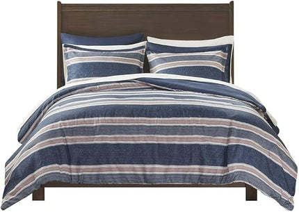 Comfort Spaces Bed in A Bag Comforter Set - College Dorm Room Essentials for Boys Men Bedding, Complete Dormitory Bedroom Pack And Sheet with 2 Side Pockets, King, Stripes Navy/Red - LeafyLoom