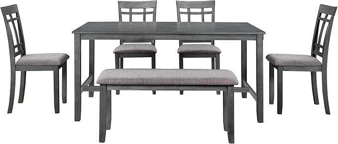 60 Inch Dining Table Set for 6, Kitchen Table set with 4 Upholstered Chairs and Bench, Dining Room Table Set for Living Room, Dining Room, Dark Grey - LeafyLoom