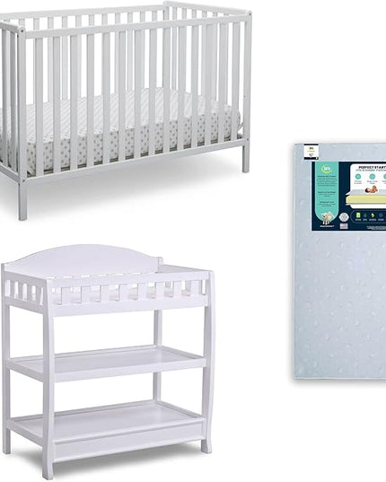 Delta Children Heartland 4-in-1 Convertible Crib Infant Changing Table with Pad + Serta Perfect Start Crib Mattress, Bianca White - LeafyLoom