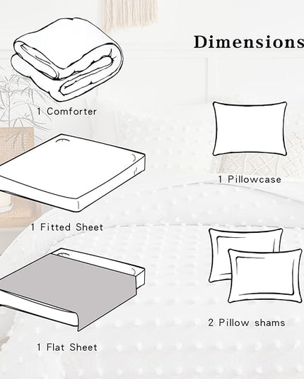 6 Pieces Tufted Dots Bed in a Bag Twin Comforter Set with Sheets White , Soft and Embroidery Shabby Chic Boho Bohemian Comforters, Solid Color with Pom Pom Design, Jacquard Tufts Bedding Set for Kids - LeafyLoom
