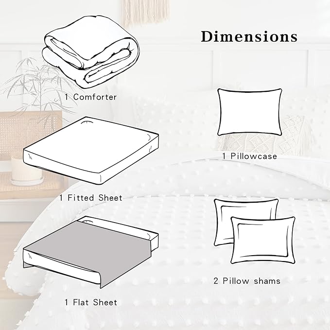 6 Pieces Tufted Dots Bed in a Bag Twin Comforter Set with Sheets White , Soft and Embroidery Shabby Chic Boho Bohemian Comforters, Solid Color with Pom Pom Design, Jacquard Tufts Bedding Set for Kids - LeafyLoom