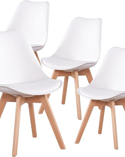 FurnitureR Dining Chairs Set of 4, Kitchen Chairs with Wood Legs, Faux Leather Side Chairs Armless Mid Back for Living Room Bedroom, Cushioned Upholstered Dining Room Chairs, White - LeafyLoom