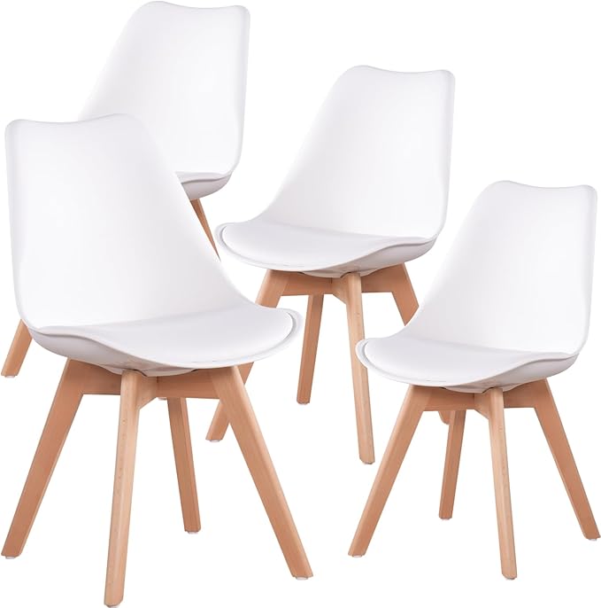 FurnitureR Dining Chairs Set of 4, Kitchen Chairs with Wood Legs, Faux Leather Side Chairs Armless Mid Back for Living Room Bedroom, Cushioned Upholstered Dining Room Chairs, White - LeafyLoom