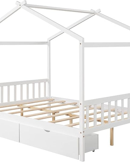 Full Size Bed Frame with Headboard and Footboard, Low House Bed/Full Bed Frame with Storage Drawer, Wood Bed Frame for Kids, Girls, Boys (White Drawer, Full) - LeafyLoom