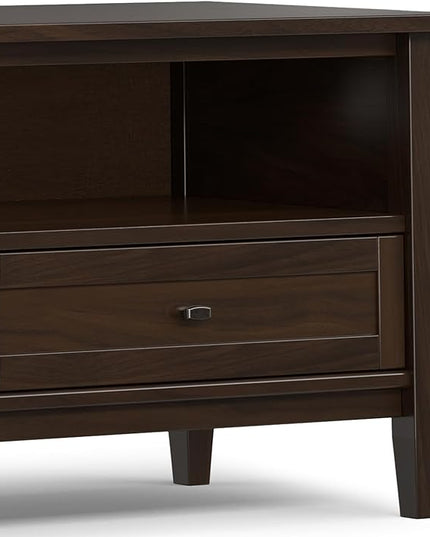 SIMPLIHOME Warm Shaker Solid Wood 72 inch Wide Transitional TV Media Stand in Tobacco Brown for TVs up to 80 inches for The Living Room and Entertainment Center - LeafyLoom