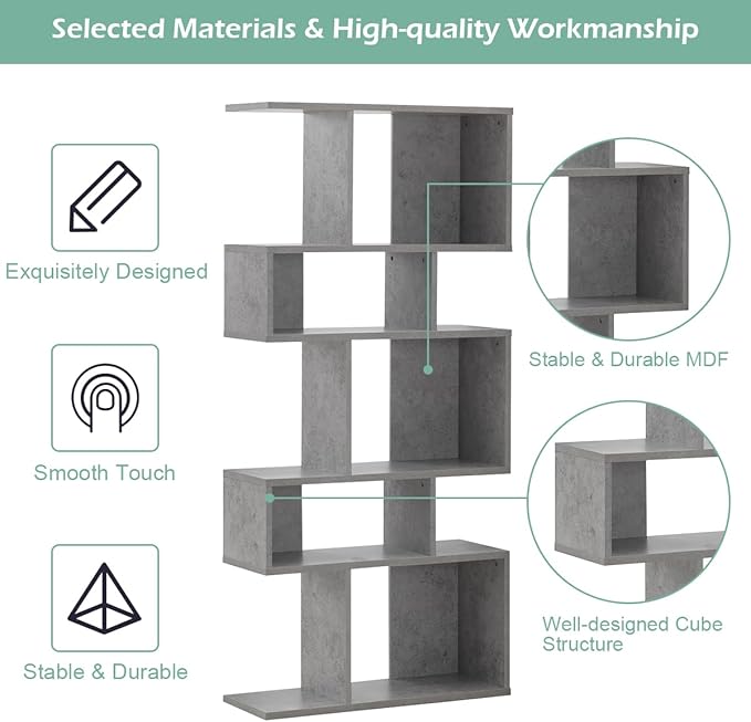 Giantex 5-Tier Geometric Bookshelf Set of 2, 70'' Tall Wood Freestanding Decorative Display Open Shelves with Anti-Tipping Device, Each Shelf Holds up to 44 lbs, Wooden S Shaped Bookcase, Gray - LeafyLoom