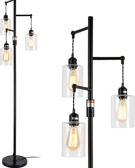 Airposta Industrial Floor Lamp with On/Off Dimmable Switch, 3-Head Rustic Tree Standing Lamp, Edison Bulb 40W Retro Tall Glass Floor Light for Living Room, Reading, Office, Bedroom, Black - LeafyLoom