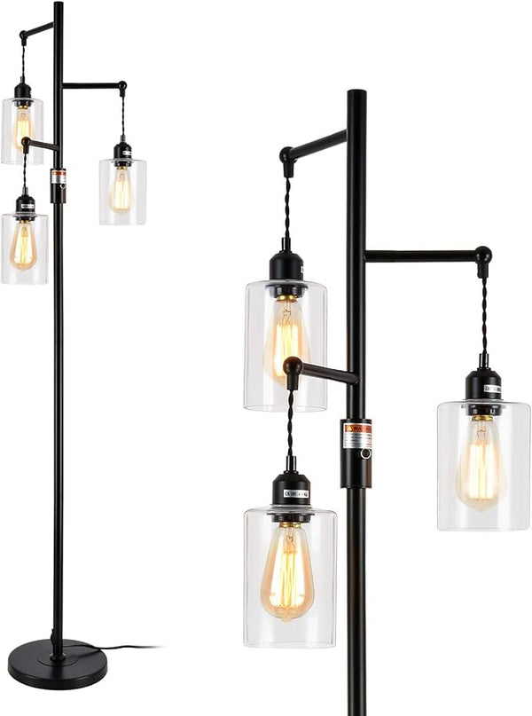 Airposta Industrial Floor Lamp with On/Off Dimmable Switch, 3-Head Rustic Tree Standing Lamp, Edison Bulb 40W Retro Tall Glass Floor Light for Living Room, Reading, Office, Bedroom, Black - LeafyLoom