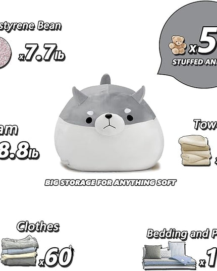 Stuffed Animal Storage Bean Bag Chair Cover for Kids Grey Shiba Inu Dog Bean Bag Chair for Girls X-Large Size Toy Organizer Cover Only Without Filling - LeafyLoom
