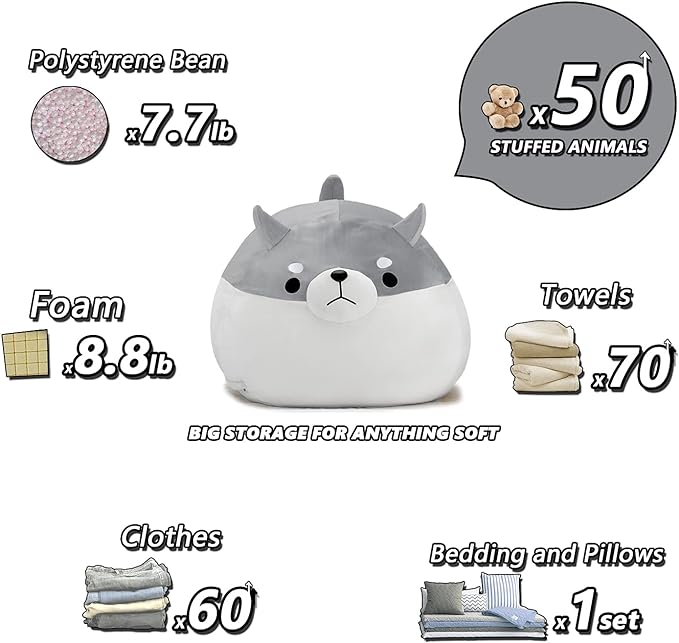 Stuffed Animal Storage Bean Bag Chair Cover for Kids Grey Shiba Inu Dog Bean Bag Chair for Girls X-Large Size Toy Organizer Cover Only Without Filling - LeafyLoom