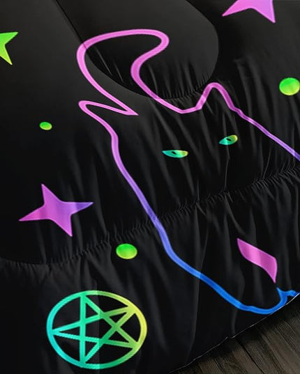 Black Cat Bedding Cartoon Cat Comforter Set Queen,Moon Stars Printed Kids Bedding Set for Boys Girls Adults Room Decor,Kids Comforter Set All Season,1 Quilt 2 Pillow Cases,Neon Color Purple Blue Green - LeafyLoom