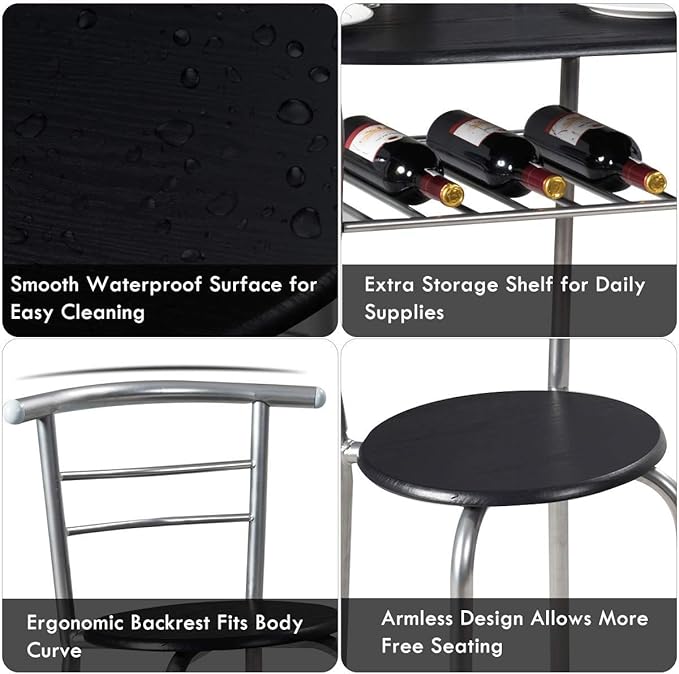 FANTASK 3 Pieces Dining Set, Breakfast Table Set w/Metal Frame and Storage Shelf, Compact Table and 2 Chairs Set for Home Bistro Pub Apartment Kitchen Dining Room Cafe - LeafyLoom