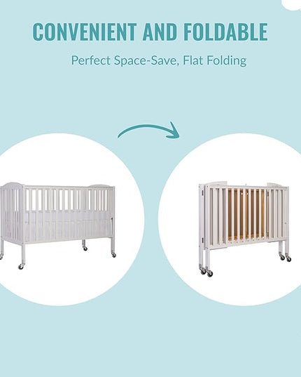 Folding Full Size Convenience Crib In White, Two Adjustable Mattress Height Positions, Comes With Heavy Duty Locking Wheels, Flat Folding Crib - LeafyLoom