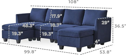 Modern Chenille Fabric U-Shaped 6 Seat Sectional Sleeper Couch with Reversible Chaise Modular Sofa with Storage, Large, Dark Blue - LeafyLoom