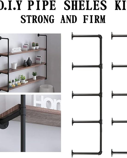 HITOMEN Industrial Iron Pipe Shelves, 2 Set 5-Tier, 56" Tall, 12" Depth, DIY Open Bookshelf Bookcase, Wall Mounted Vintage Retro Shelving, Rustic Farmhouse Pantry Kitchen Storage, Black Shelf Brackets - LeafyLoom