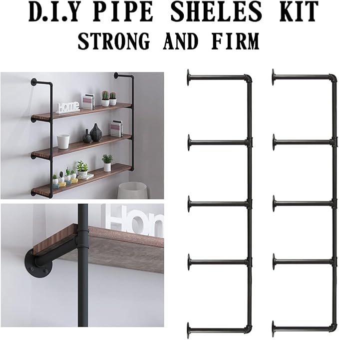 HITOMEN Industrial Iron Pipe Shelves, 2 Set 5-Tier, 56" Tall, 12" Depth, DIY Open Bookshelf Bookcase, Wall Mounted Vintage Retro Shelving, Rustic Farmhouse Pantry Kitchen Storage, Black Shelf Brackets - LeafyLoom