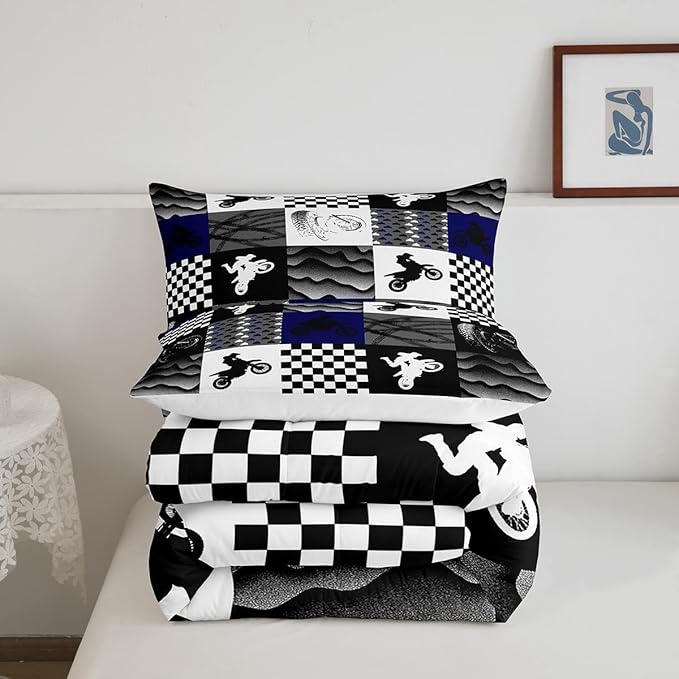 Dirt Bike Comforter Set, Motocross Rider Bedding Comforter Sets King, Motorcycle Grunge Down Comforter for Kids Boys Adult Men, Motorbike Extreme Sport Game Comforter, Buffalo Plaid, Blue Grey Black - LeafyLoom