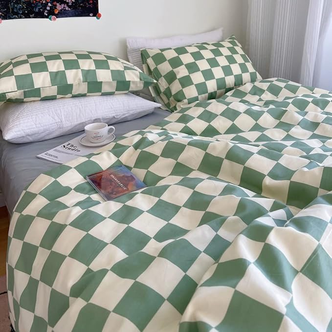 Wellboo Green and White Comforter Sets Twin Women Men Sage Green Checkerboard Grid Bedding Comforters Cotton Boys Girls Modern Grass Green Plaid Checkered Quilts Modern Buffalo Geometric Abstract Bed - LeafyLoom