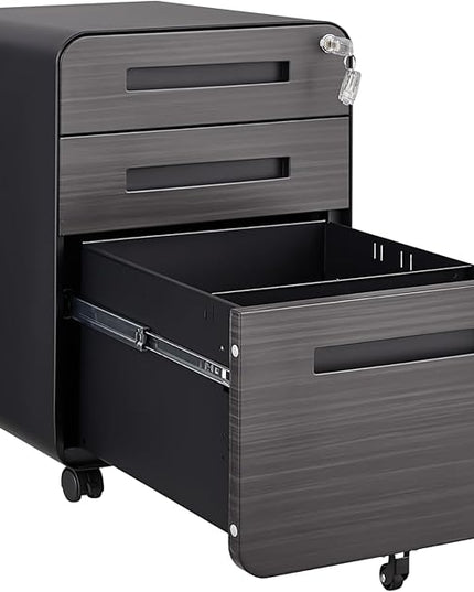 3 Drawer Mobile Desk Office with Lock and Wheels,Versatile Storage Cabinets w/Anti-Tilting Cold Rolled Steel Waterproof Moisture-Proof,for Legal/Letter/A4 Files,Dark Brown - LeafyLoom