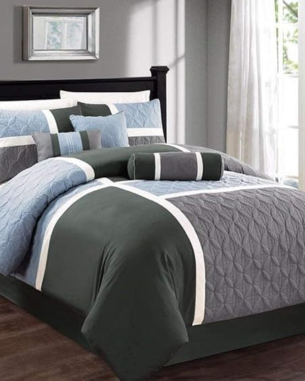 Chezmoi Collection Upland 7-Piece Quilted Patchwork Comforter Set, Gray/Light Blue/Charcoal, California King - LeafyLoom
