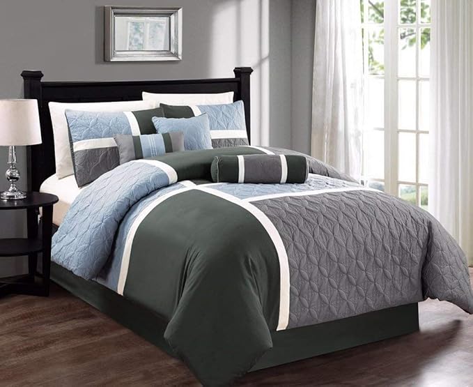 Chezmoi Collection Upland 7-Piece Quilted Patchwork Comforter Set, Gray/Light Blue/Charcoal, King - LeafyLoom
