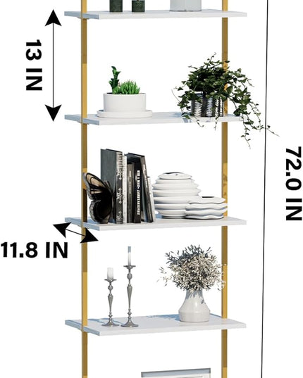 aboxoo Ladder Shelf 5 Tiers Metal Industrial Bookshelf,Small White Faux Marble Wood Tall Open Storage Rack and Display Shelves,Wall Mounted Wide Book Case for Home Office Bedroom - LeafyLoom