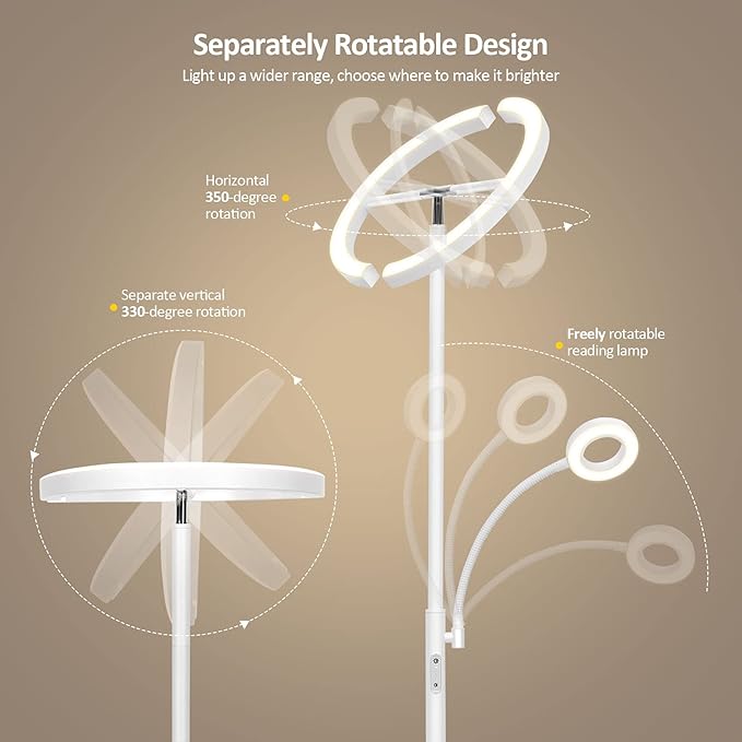 FIMEI Split Floor Lamp with Reading Light, Modern Bright LED Rotatable Standing Lamp with Stepless Dimming and 3000K-6000K Color for Living Room Bedroom Office, Touch and Remote Control, White - LeafyLoom