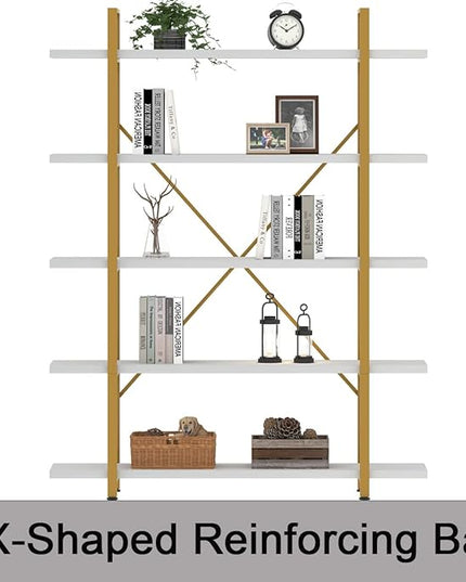 HSH 5 Tier White and Gold Bookshelf, Tall Storage Bookshelves for Bedroom Living Room Office, Metal and Wood Large Book Shelves, Modern Vertical 5 Shelf Bookcase, Farmhouse Big Open Display Book Shelf - LeafyLoom