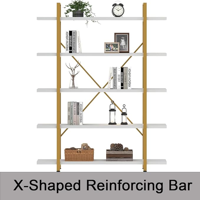 HSH 5 Tier White and Gold Bookshelf, Tall Storage Bookshelves for Bedroom Living Room Office, Metal and Wood Large Book Shelves, Modern Vertical 5 Shelf Bookcase, Farmhouse Big Open Display Book Shelf - LeafyLoom