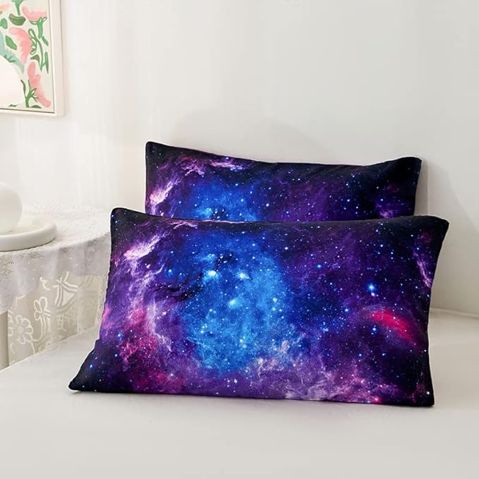 7PCS Purple Comforter Sets Queen,Girls Galaxy Comforter Queen,Girls Bed Sets Queen,Bed in a Bag with Flat Sheet and Fitted Sheet,Pillowcases,Cushions for Girls,Galaxy Bedding Sets - LeafyLoom