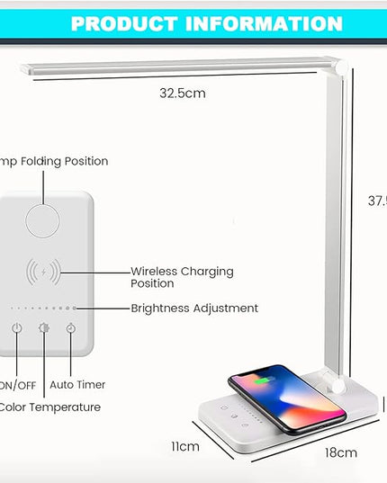 LED Desk Lamp with Wireless Charger, USB Charging Port, Desk Light with 10 Brightness, 5 Color Modes, Dimmable Eye Caring Reading Desk Lamps for Home Office, Touch Control, Auto Timer, White - LeafyLoom
