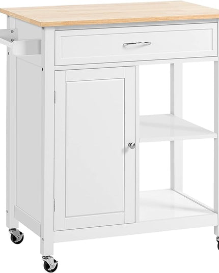 HOMCOM Kitchen Island Cart, Rolling Kitchen Island with Storage Shelf, Solid Wood Top, Drawer, for Dining Room, White - LeafyLoom