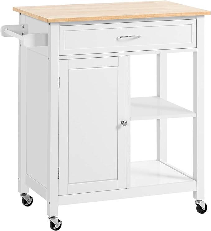 HOMCOM Kitchen Island Cart, Rolling Kitchen Island with Storage Shelf, Solid Wood Top, Drawer, for Dining Room, White - LeafyLoom