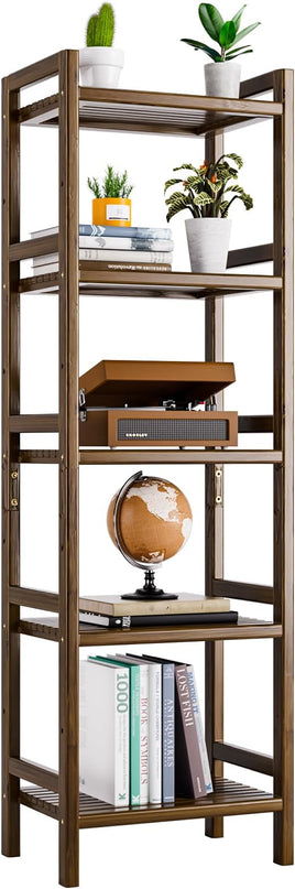 Bamboo Book Shelf, Tall Narrow Bookcase, Bathroom shelving Unit 5 tier Floor Standing Adjustable Bookshelf for Small Spaces, Walnut - LeafyLoom