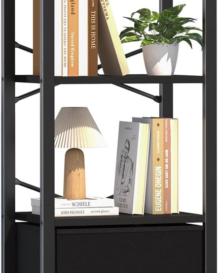 Yoobure Bookshelf, 4 Tier Book Shelf with Drawer, Small Bookcase Narrow Book Case, Industrial Bookshelves Shelf for Bedroom Living Room Office, Book Storage Organizer for CD/Movie Black - LeafyLoom