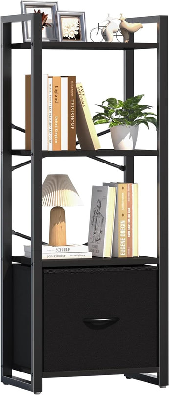 Yoobure Bookshelf, 4 Tier Book Shelf with Drawer, Small Bookcase Narrow Book Case, Industrial Bookshelves Shelf for Bedroom Living Room Office, Book Storage Organizer for CD/Movie Black - LeafyLoom