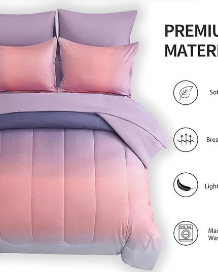 7 Pieces Comforter Set Full/Queen Size - Gradient Pink and Purple All Season Teens Rainbow Comforter Bedding Set, Ultra Soft Fluffy Microfiber Bed in a Bag for Kids - LeafyLoom