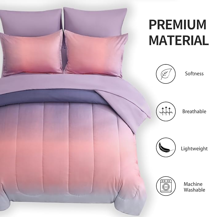7 Pieces Comforter Set Full/Queen Size - Gradient Pink and Purple All Season Teens Rainbow Comforter Bedding Set, Ultra Soft Fluffy Microfiber Bed in a Bag for Kids - LeafyLoom