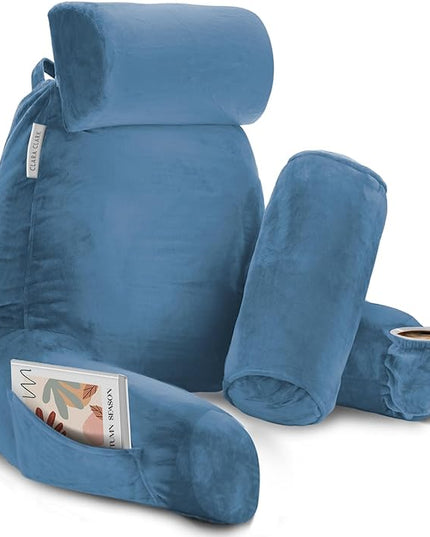 Clara Clark Reading Pillow, Large Back Pillow for Sitting Up in Bed, Memory Foam Back Support Pillow, Reading Pillows for Sitting in Bed Adult, Blue Heaven Sit Up Pillow for Bed with Arms and Pockets - LeafyLoom