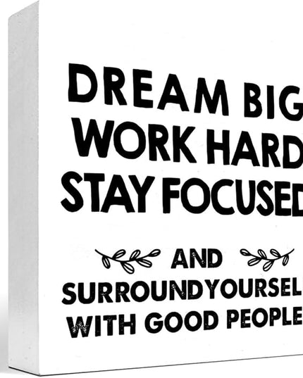 Motivational Wood Box Sign Desk Decor,Dream Big Work Hard Stay Focused Wood Plaque Signs,Rustic Positive Wooden Block Sign Decor for Office Workplace Classroom Shelf Table Decoration C1077 - LeafyLoom