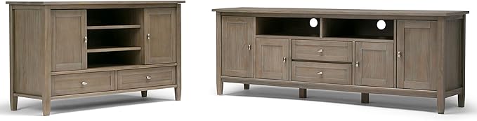 SIMPLIHOME Warm Shaker SOLID WOOD Universal TV Media Stand, 47 inch Wide, Transitional, Living Room Entertainment Center, Storage Cabinet, for Flat Screen TVs up to 55 inches in Distressed Grey - LeafyLoom