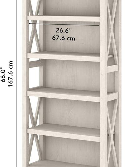 Bush Furniture Key West Bookcase Shelf in Linen White Oak | Farmhouse Bookshelf Display Cabinet for Library, Bedroom, Living Room, and Office - LeafyLoom