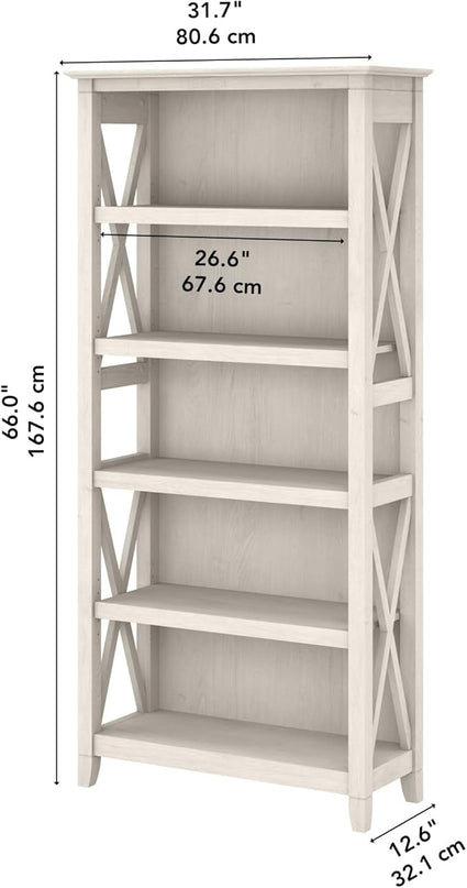 Bush Furniture Key West Bookcase Shelf in Linen White Oak | Farmhouse Bookshelf Display Cabinet for Library, Bedroom, Living Room, and Office - LeafyLoom
